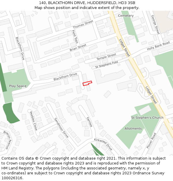 140, BLACKTHORN DRIVE, HUDDERSFIELD, HD3 3SB: Location map and indicative extent of plot