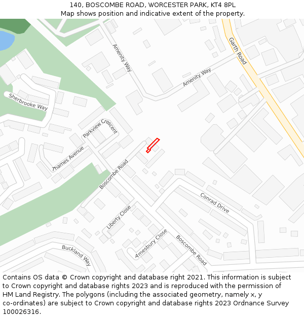 140, BOSCOMBE ROAD, WORCESTER PARK, KT4 8PL: Location map and indicative extent of plot