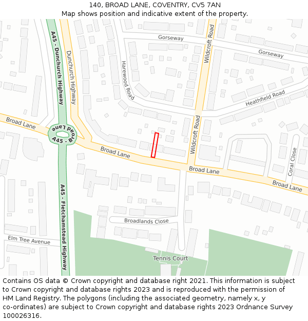 140, BROAD LANE, COVENTRY, CV5 7AN: Location map and indicative extent of plot