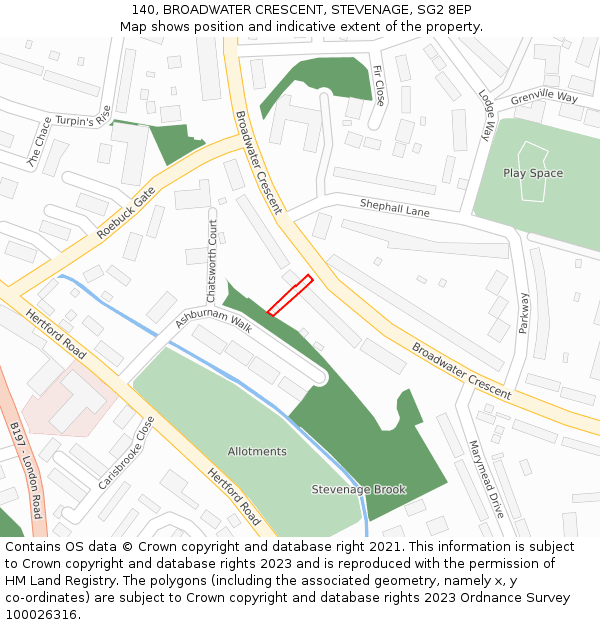 140, BROADWATER CRESCENT, STEVENAGE, SG2 8EP: Location map and indicative extent of plot