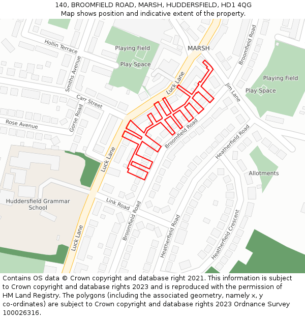 140, BROOMFIELD ROAD, MARSH, HUDDERSFIELD, HD1 4QG: Location map and indicative extent of plot