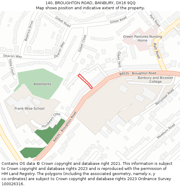 140, BROUGHTON ROAD, BANBURY, OX16 9QQ: Location map and indicative extent of plot