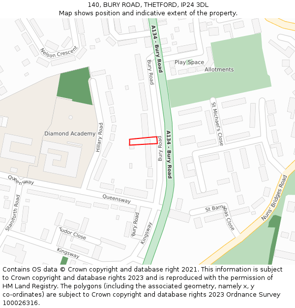 140, BURY ROAD, THETFORD, IP24 3DL: Location map and indicative extent of plot