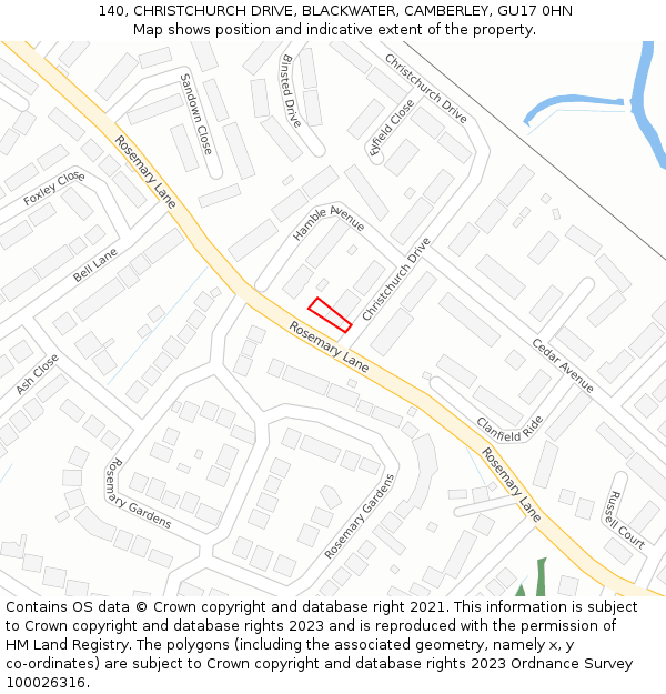 140, CHRISTCHURCH DRIVE, BLACKWATER, CAMBERLEY, GU17 0HN: Location map and indicative extent of plot