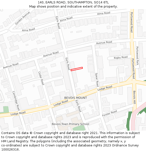 140, EARLS ROAD, SOUTHAMPTON, SO14 6TL: Location map and indicative extent of plot