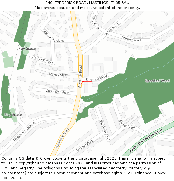 140, FREDERICK ROAD, HASTINGS, TN35 5AU: Location map and indicative extent of plot