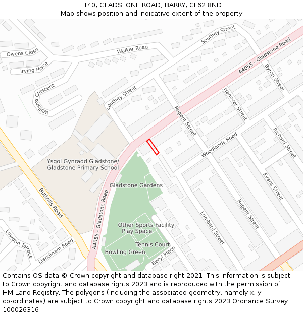 140, GLADSTONE ROAD, BARRY, CF62 8ND: Location map and indicative extent of plot