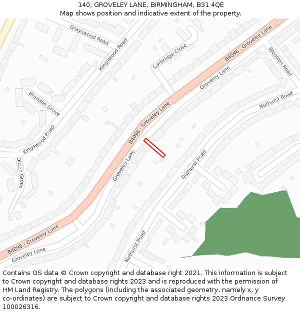 140, GROVELEY LANE, BIRMINGHAM, B31 4QE: Location map and indicative extent of plot