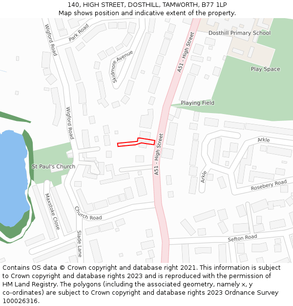 140, HIGH STREET, DOSTHILL, TAMWORTH, B77 1LP: Location map and indicative extent of plot
