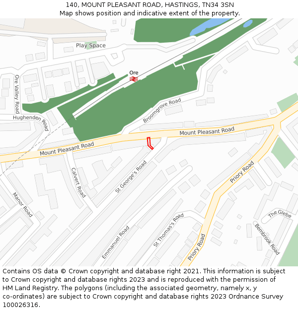 140, MOUNT PLEASANT ROAD, HASTINGS, TN34 3SN: Location map and indicative extent of plot