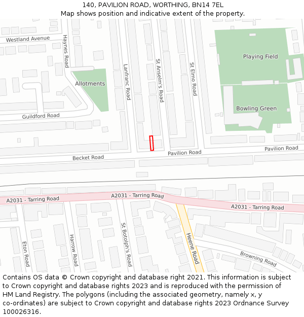 140, PAVILION ROAD, WORTHING, BN14 7EL: Location map and indicative extent of plot