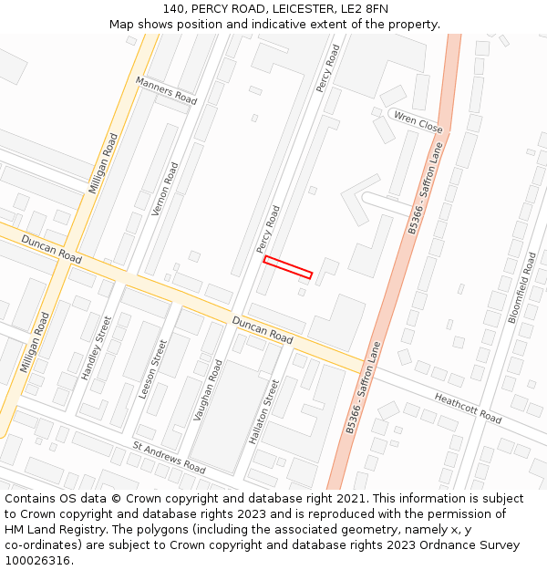 140, PERCY ROAD, LEICESTER, LE2 8FN: Location map and indicative extent of plot