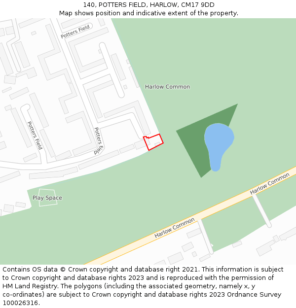 140, POTTERS FIELD, HARLOW, CM17 9DD: Location map and indicative extent of plot