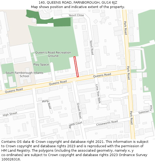 140, QUEENS ROAD, FARNBOROUGH, GU14 6JZ: Location map and indicative extent of plot