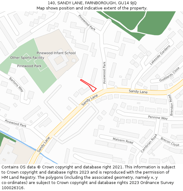 140, SANDY LANE, FARNBOROUGH, GU14 9JQ: Location map and indicative extent of plot