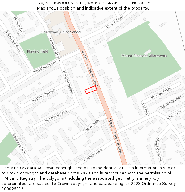 140, SHERWOOD STREET, WARSOP, MANSFIELD, NG20 0JY: Location map and indicative extent of plot