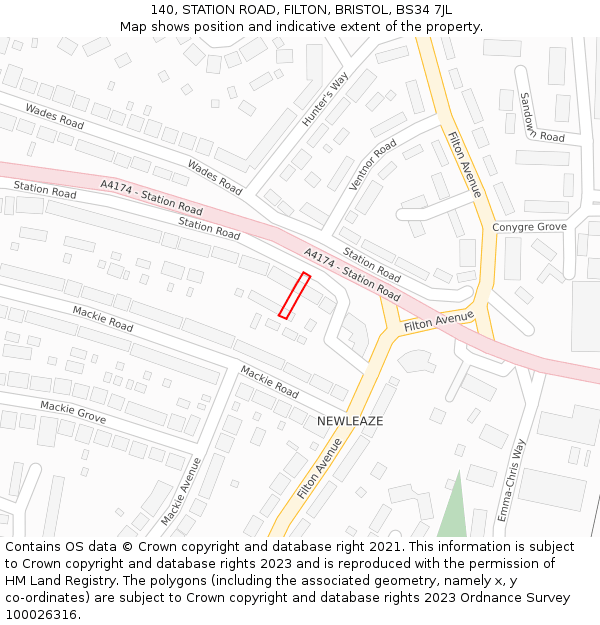 140, STATION ROAD, FILTON, BRISTOL, BS34 7JL: Location map and indicative extent of plot