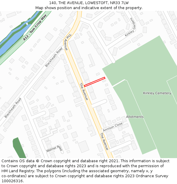 140, THE AVENUE, LOWESTOFT, NR33 7LW: Location map and indicative extent of plot