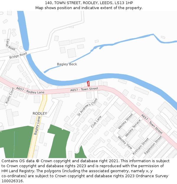 140, TOWN STREET, RODLEY, LEEDS, LS13 1HP: Location map and indicative extent of plot