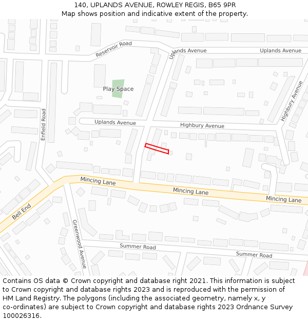 140, UPLANDS AVENUE, ROWLEY REGIS, B65 9PR: Location map and indicative extent of plot