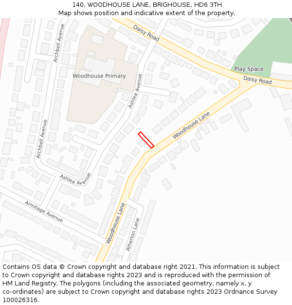 140, WOODHOUSE LANE, BRIGHOUSE, HD6 3TH: Location map and indicative extent of plot