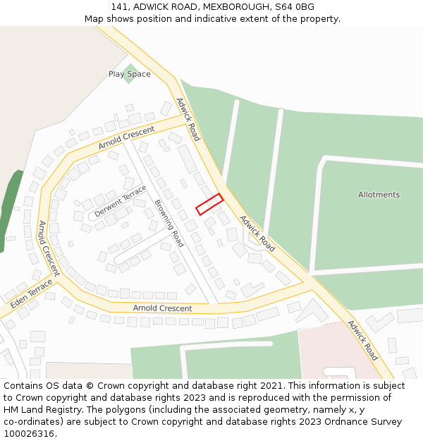 141, ADWICK ROAD, MEXBOROUGH, S64 0BG: Location map and indicative extent of plot