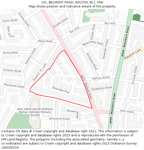 141, BELMONT ROAD, BOLTON, BL1 7AW: Location map and indicative extent of plot