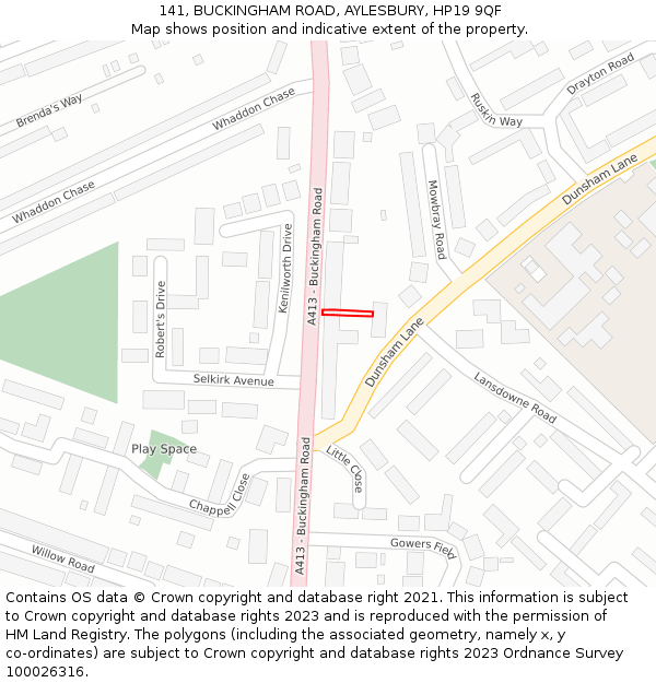 141, BUCKINGHAM ROAD, AYLESBURY, HP19 9QF: Location map and indicative extent of plot