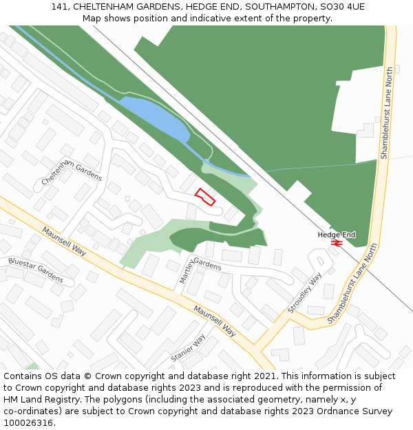 141, CHELTENHAM GARDENS, HEDGE END, SOUTHAMPTON, SO30 4UE: Location map and indicative extent of plot