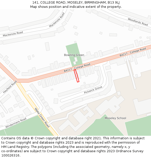 141, COLLEGE ROAD, MOSELEY, BIRMINGHAM, B13 9LJ: Location map and indicative extent of plot