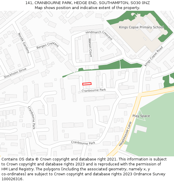 141, CRANBOURNE PARK, HEDGE END, SOUTHAMPTON, SO30 0NZ: Location map and indicative extent of plot