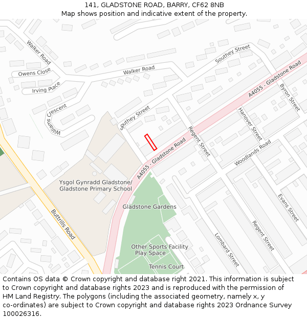 141, GLADSTONE ROAD, BARRY, CF62 8NB: Location map and indicative extent of plot