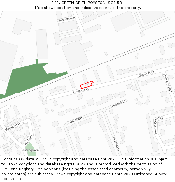 141, GREEN DRIFT, ROYSTON, SG8 5BL: Location map and indicative extent of plot
