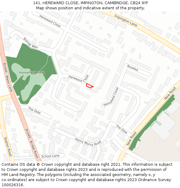 141, HEREWARD CLOSE, IMPINGTON, CAMBRIDGE, CB24 9YF: Location map and indicative extent of plot