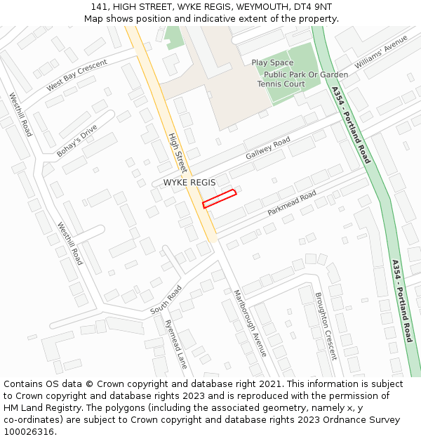 141, HIGH STREET, WYKE REGIS, WEYMOUTH, DT4 9NT: Location map and indicative extent of plot