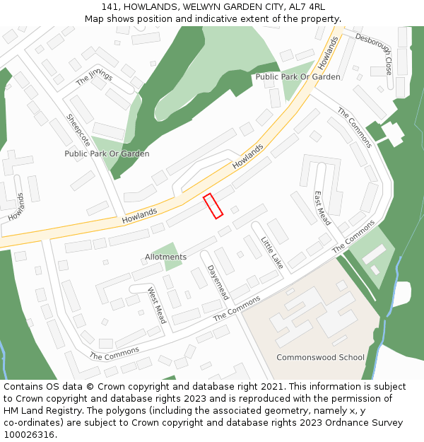 141, HOWLANDS, WELWYN GARDEN CITY, AL7 4RL: Location map and indicative extent of plot