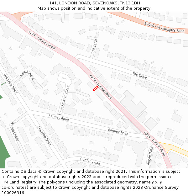 141, LONDON ROAD, SEVENOAKS, TN13 1BH: Location map and indicative extent of plot