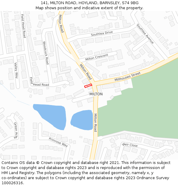 141, MILTON ROAD, HOYLAND, BARNSLEY, S74 9BG: Location map and indicative extent of plot