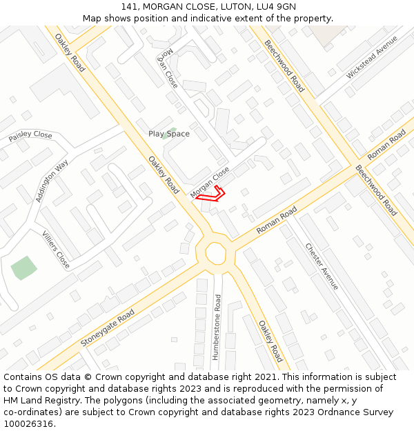 141, MORGAN CLOSE, LUTON, LU4 9GN: Location map and indicative extent of plot