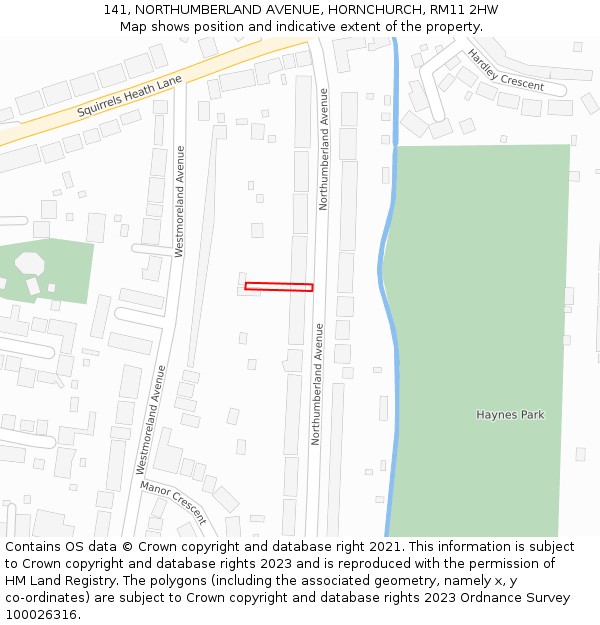141, NORTHUMBERLAND AVENUE, HORNCHURCH, RM11 2HW: Location map and indicative extent of plot