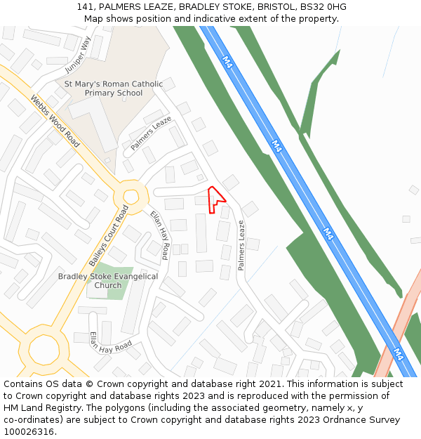 141, PALMERS LEAZE, BRADLEY STOKE, BRISTOL, BS32 0HG: Location map and indicative extent of plot