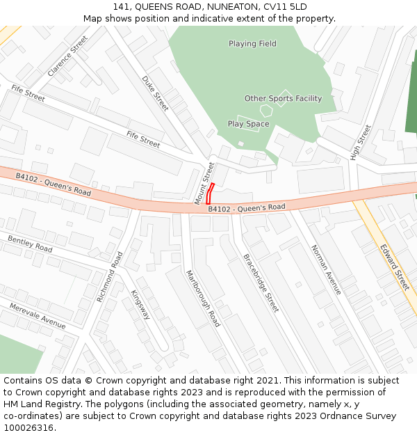 141, QUEENS ROAD, NUNEATON, CV11 5LD: Location map and indicative extent of plot