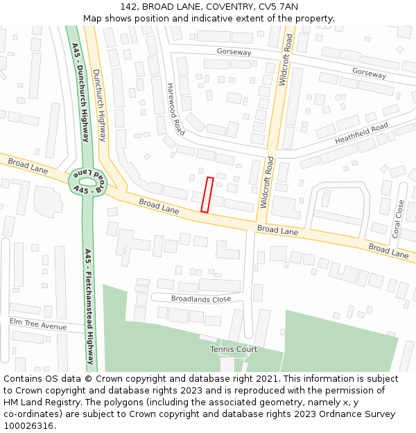 142, BROAD LANE, COVENTRY, CV5 7AN: Location map and indicative extent of plot