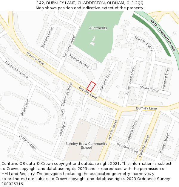 142, BURNLEY LANE, CHADDERTON, OLDHAM, OL1 2QQ: Location map and indicative extent of plot