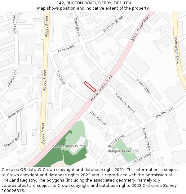 142, BURTON ROAD, DERBY, DE1 1TN: Location map and indicative extent of plot