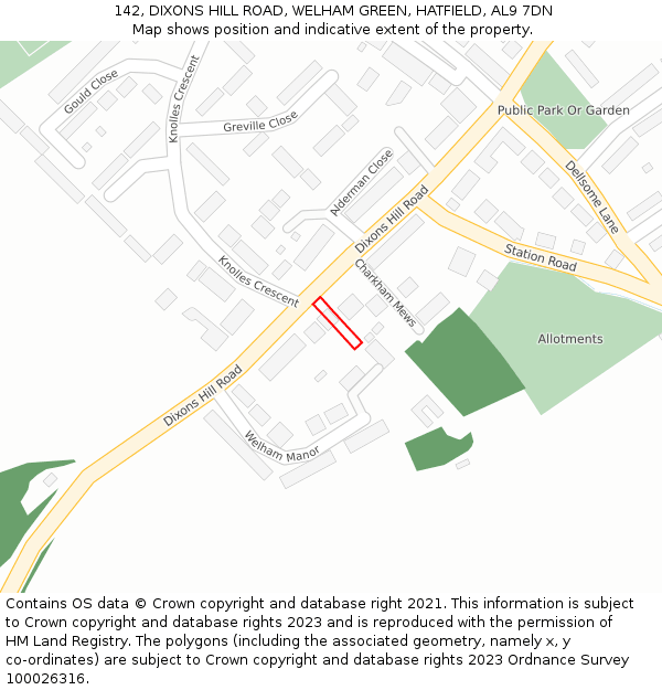142, DIXONS HILL ROAD, WELHAM GREEN, HATFIELD, AL9 7DN: Location map and indicative extent of plot