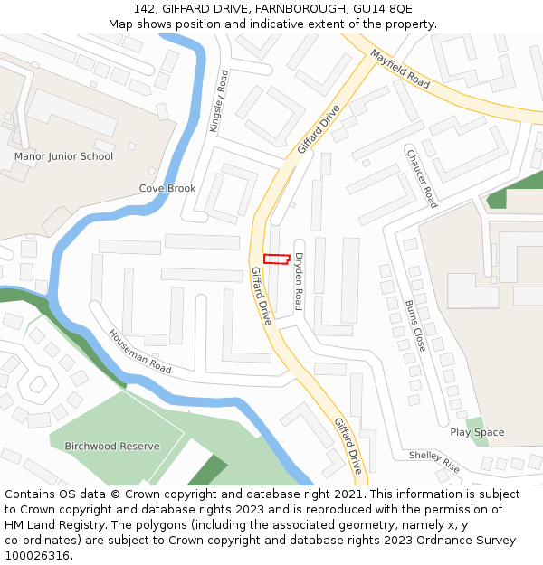 142, GIFFARD DRIVE, FARNBOROUGH, GU14 8QE: Location map and indicative extent of plot