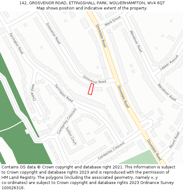 142, GROSVENOR ROAD, ETTINGSHALL PARK, WOLVERHAMPTON, WV4 6QT: Location map and indicative extent of plot