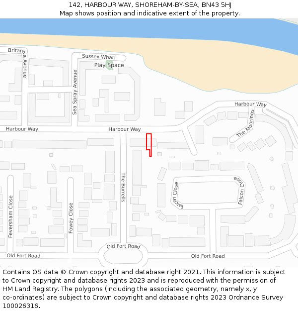 142, HARBOUR WAY, SHOREHAM-BY-SEA, BN43 5HJ: Location map and indicative extent of plot