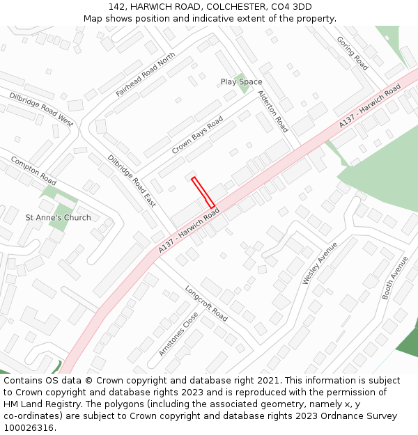 142, HARWICH ROAD, COLCHESTER, CO4 3DD: Location map and indicative extent of plot